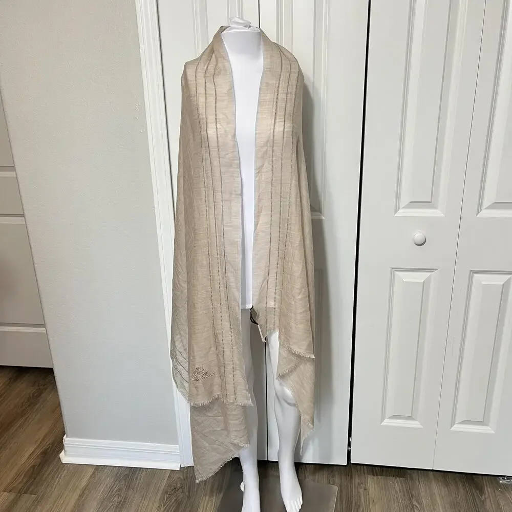 Loro Piana Shawl Wrap Womens Long Beige Cashmere Logo Stripe Scarf Italy